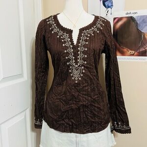 Boho Brown Embroidered Striped Blouse